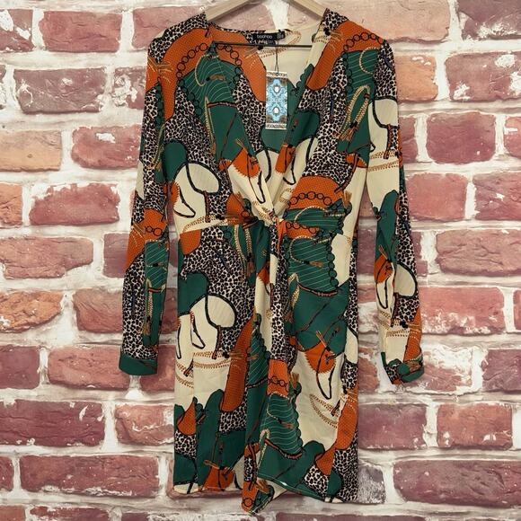 Boohoo Dress Women's 6 Multicolor Chain Link Animal Print Twist Knot Mixed Media - Picture 1 of 9